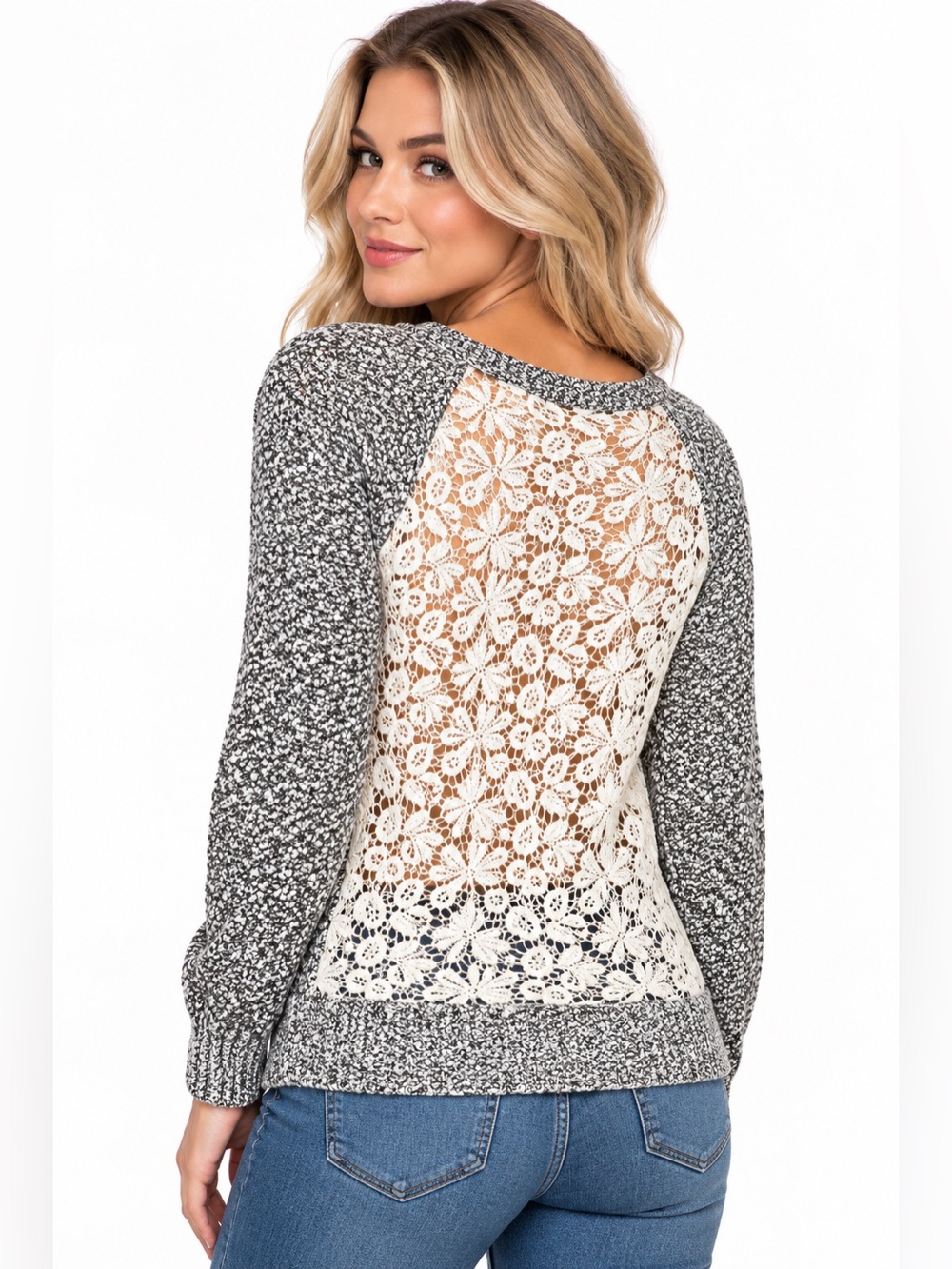 Lace Back Sweater Cream and Gray Romantic Cottagecore Coquette Size Small